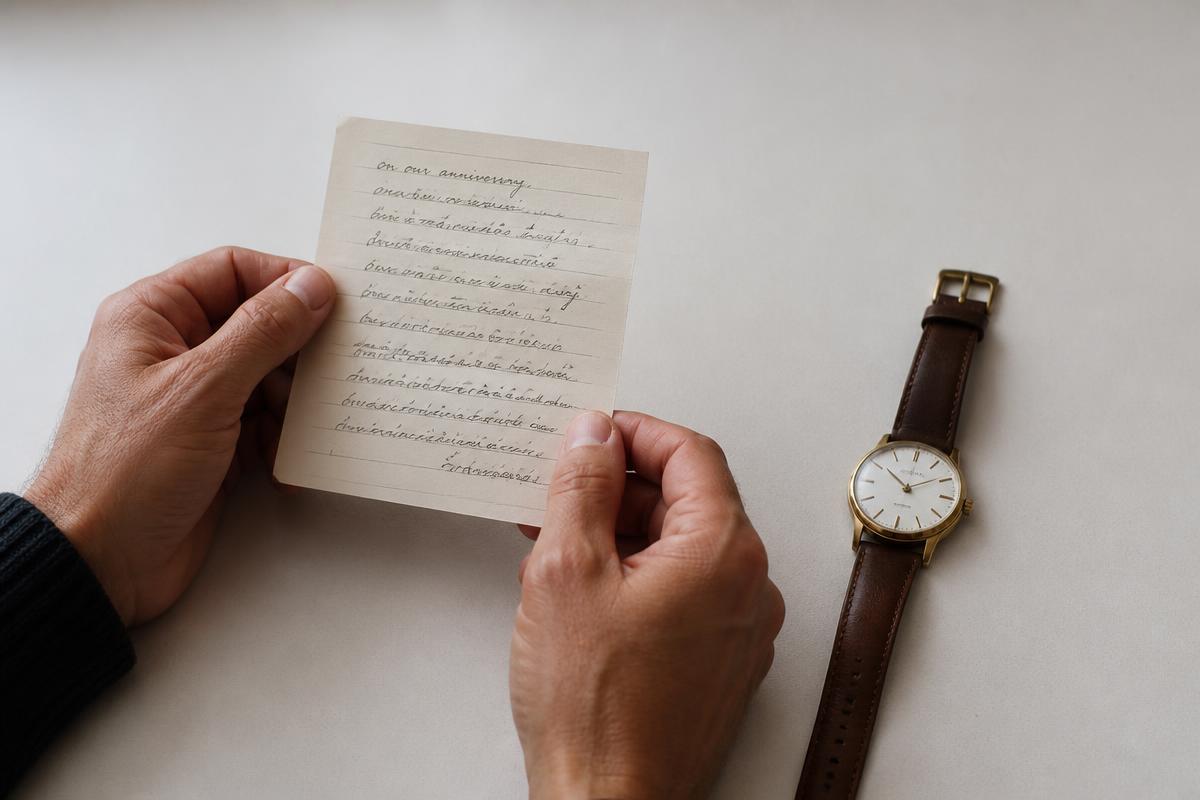 Two people holding an anniversary note beside a wristwatch